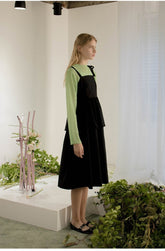 Square-Neck Linen Midi Dress with Tiered Overlay and Shoulder Tie Detail